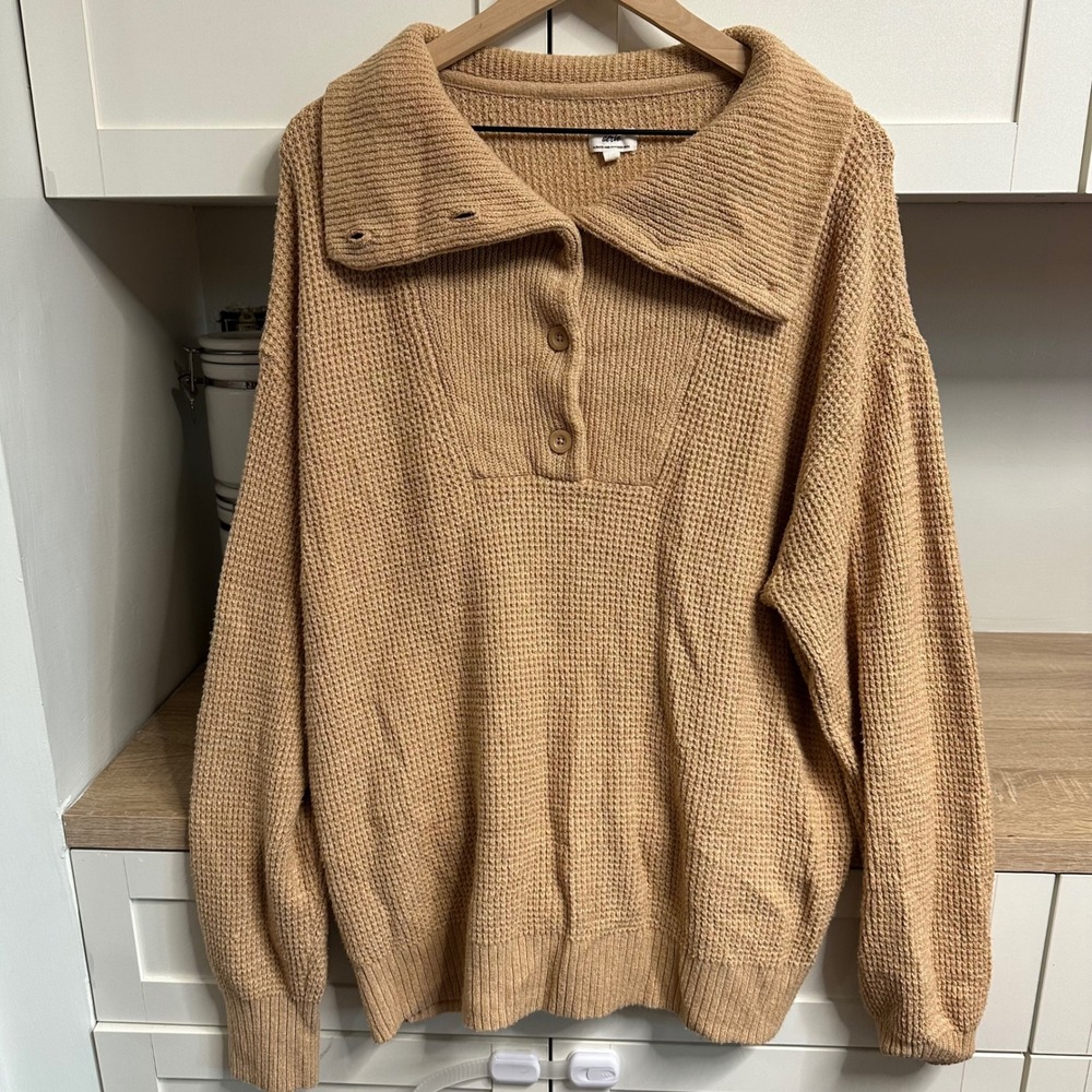 Aerie CozyUp Waffle Button Sweater Womens L Tan Oversized Funnel Neck Pullover
